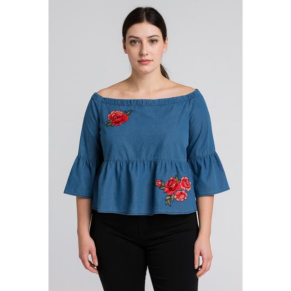 A.N.A Denim Off Shoulder Blouse with Floral Embroidery – Size Large – 3/4 sleeve - Picture 1 of 6